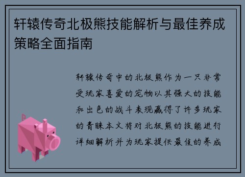 轩辕传奇北极熊技能解析与最佳养成策略全面指南
