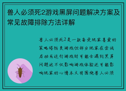 兽人必须死2游戏黑屏问题解决方案及常见故障排除方法详解